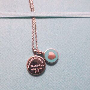 New-Tiffany & Co. Sterling Silver Double Round Mini Blue Enamel Heart Pendant